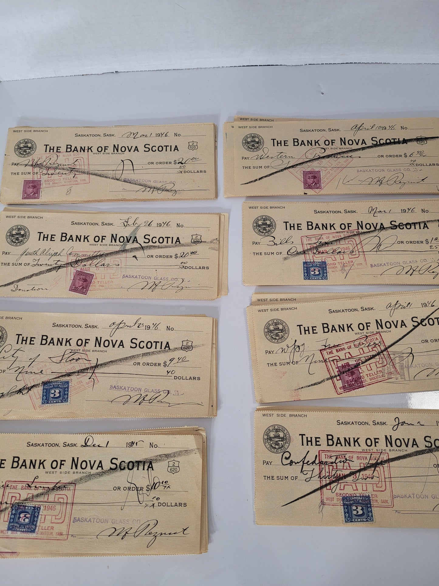 Large Archive of 80+ Vintage Saskatoon Bank Cheques – Bank of Nova Scotia, 1945–1946