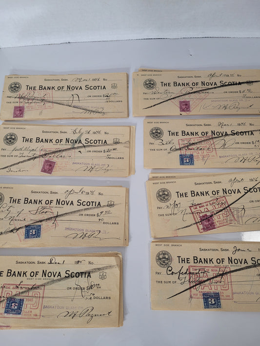 Large Archive of 80+ Vintage Saskatoon Bank Cheques – Bank of Nova Scotia, 1945–1946