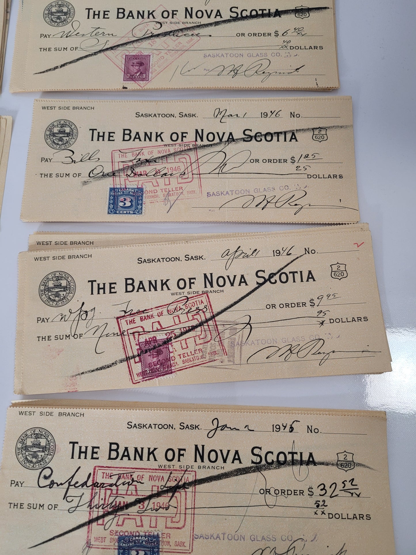 Large Archive of 80+ Vintage Saskatoon Bank Cheques – Bank of Nova Scotia, 1945–1946
