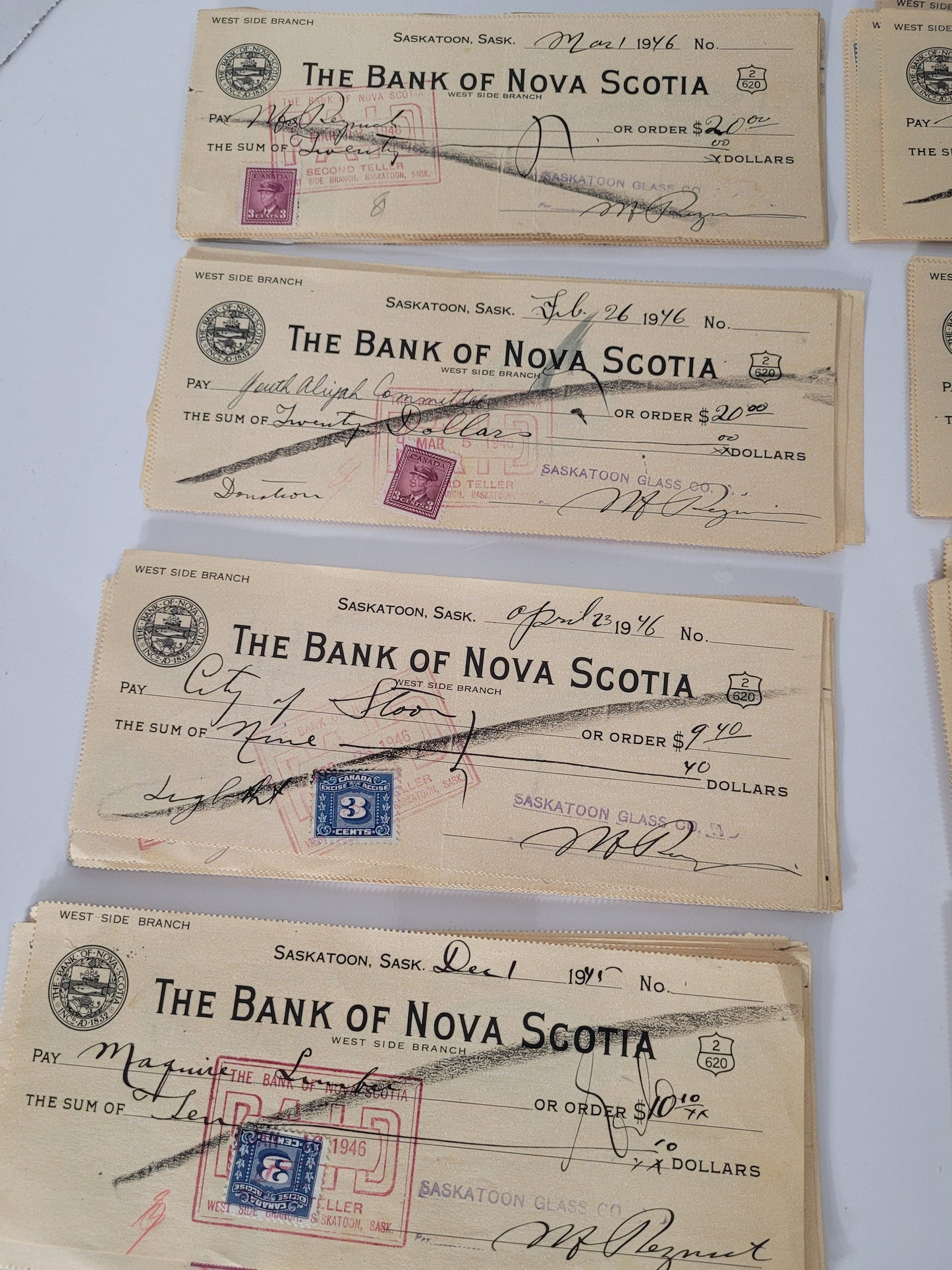 Large Archive of 80+ Vintage Saskatoon Bank Cheques – Bank of Nova Scotia, 1945–1946