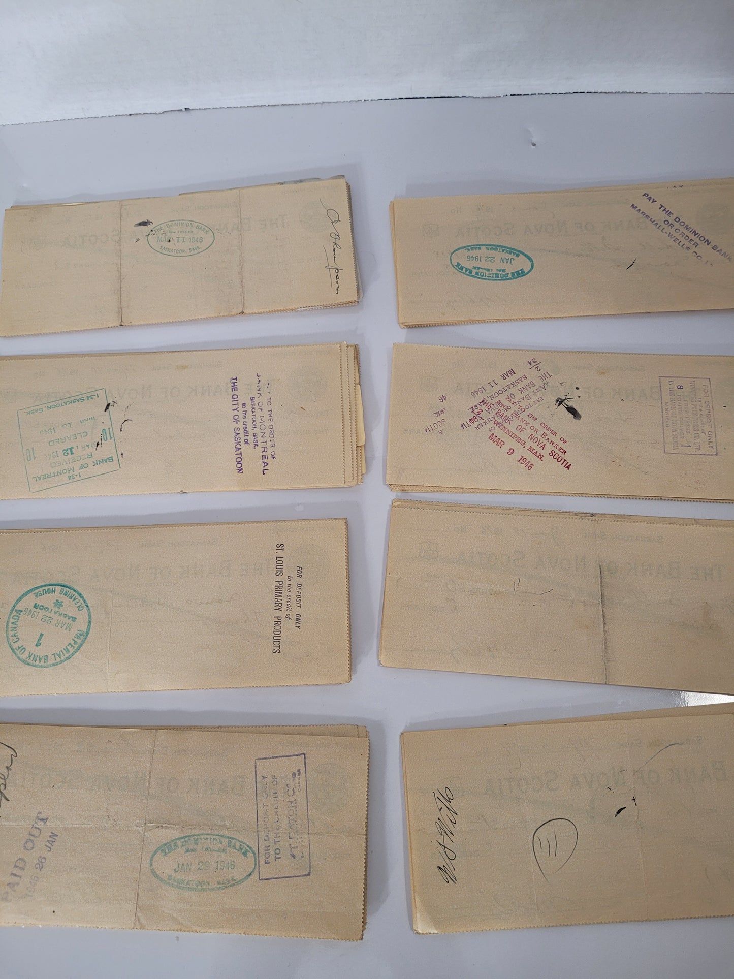 Large Archive of 80+ Vintage Saskatoon Bank Cheques – Bank of Nova Scotia, 1945–1946
