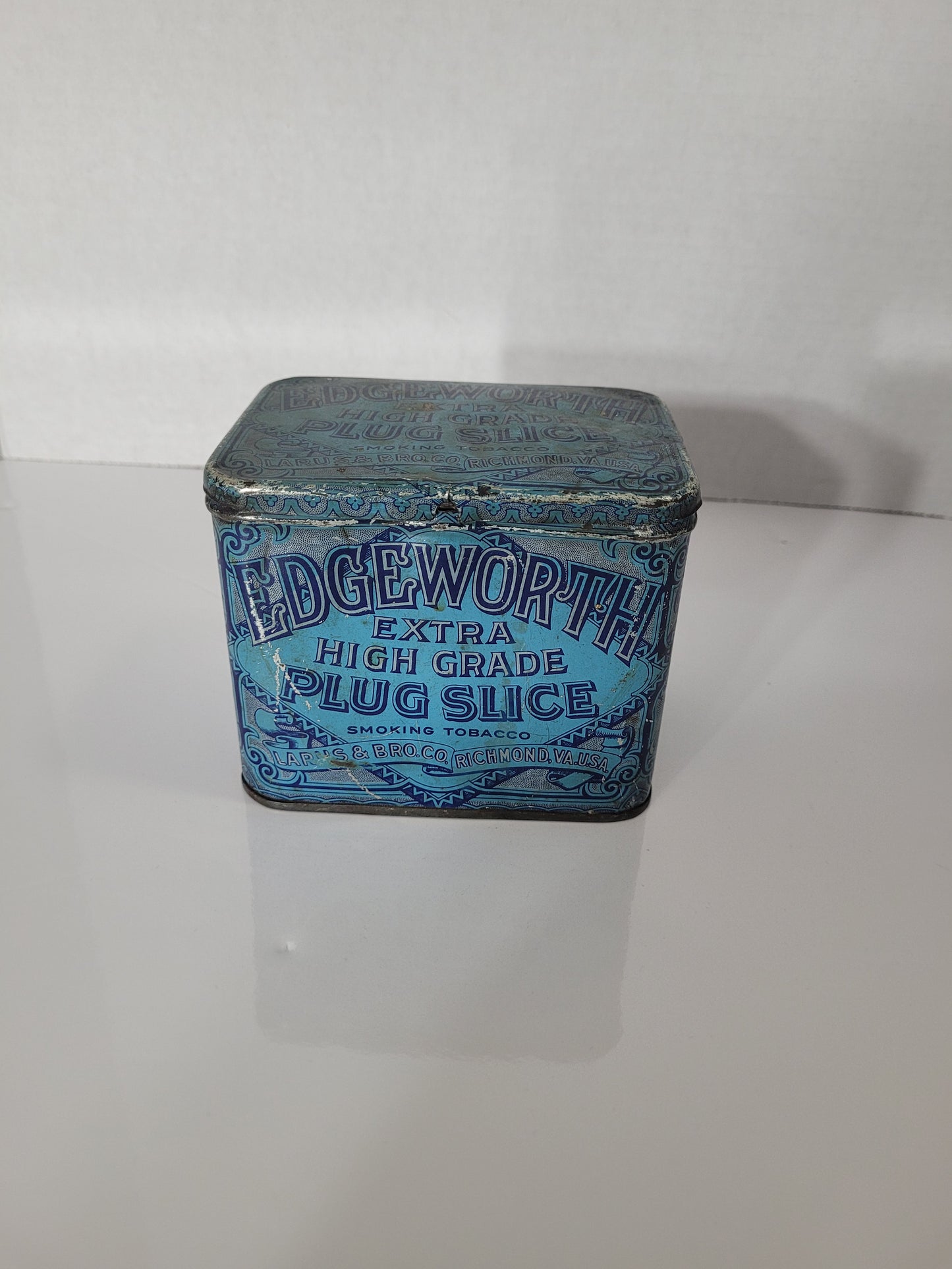 Antique Edgeworth Extra High Grade Plug Slice Tobacco Advertising Tin – Hinged Blue Lithograph