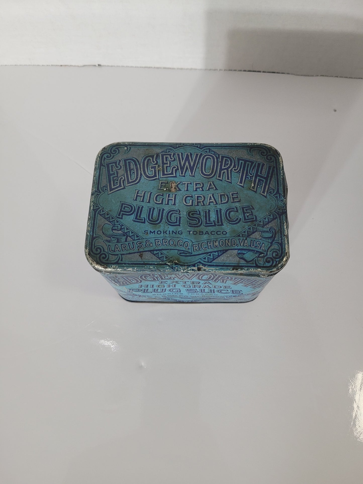 Antique Edgeworth Extra High Grade Plug Slice Tobacco Advertising Tin – Hinged Blue Lithograph