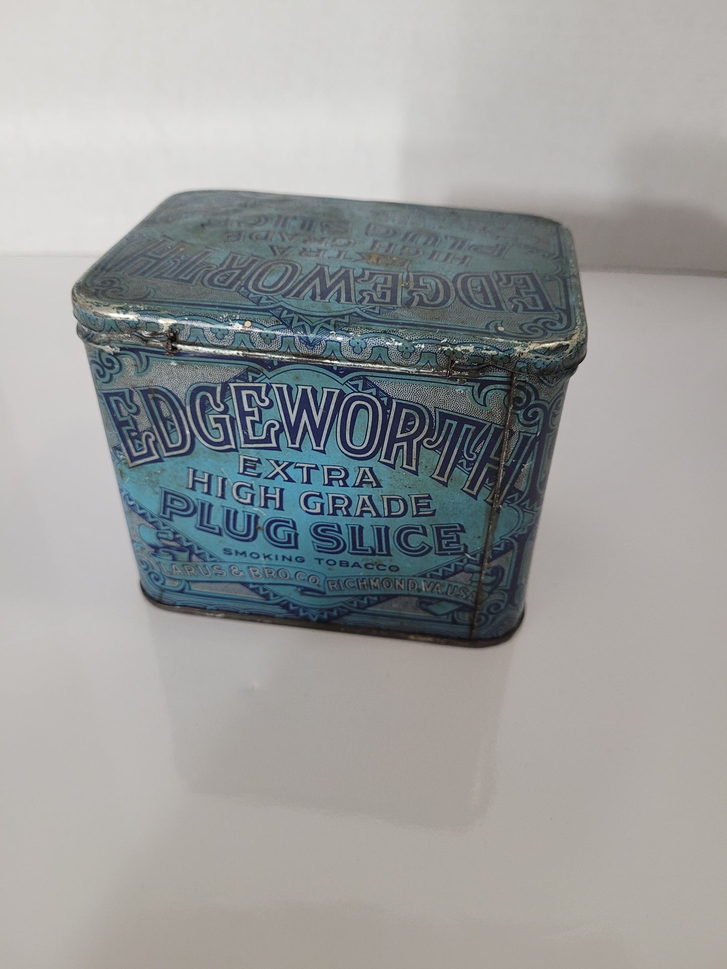 Antique Edgeworth Extra High Grade Plug Slice Tobacco Advertising Tin – Hinged Blue Lithograph