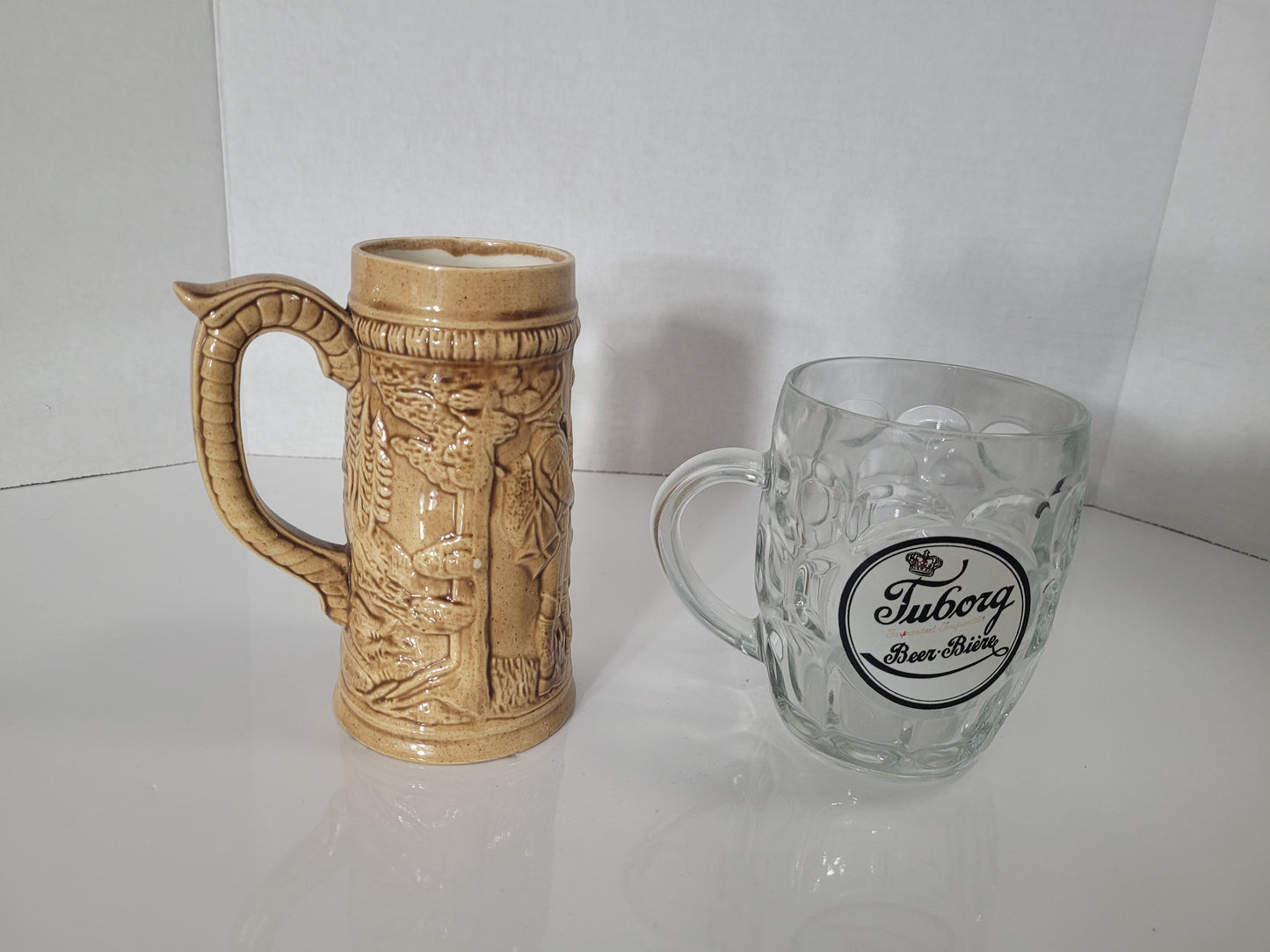 Vintage Beer Stein Pair – Canadian Ceramic Relief Tankard & Tuborg Ravenhead Glass Mug