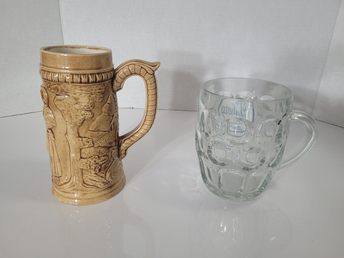 Vintage Beer Stein Pair – Canadian Ceramic Relief Tankard & Tuborg Ravenhead Glass Mug