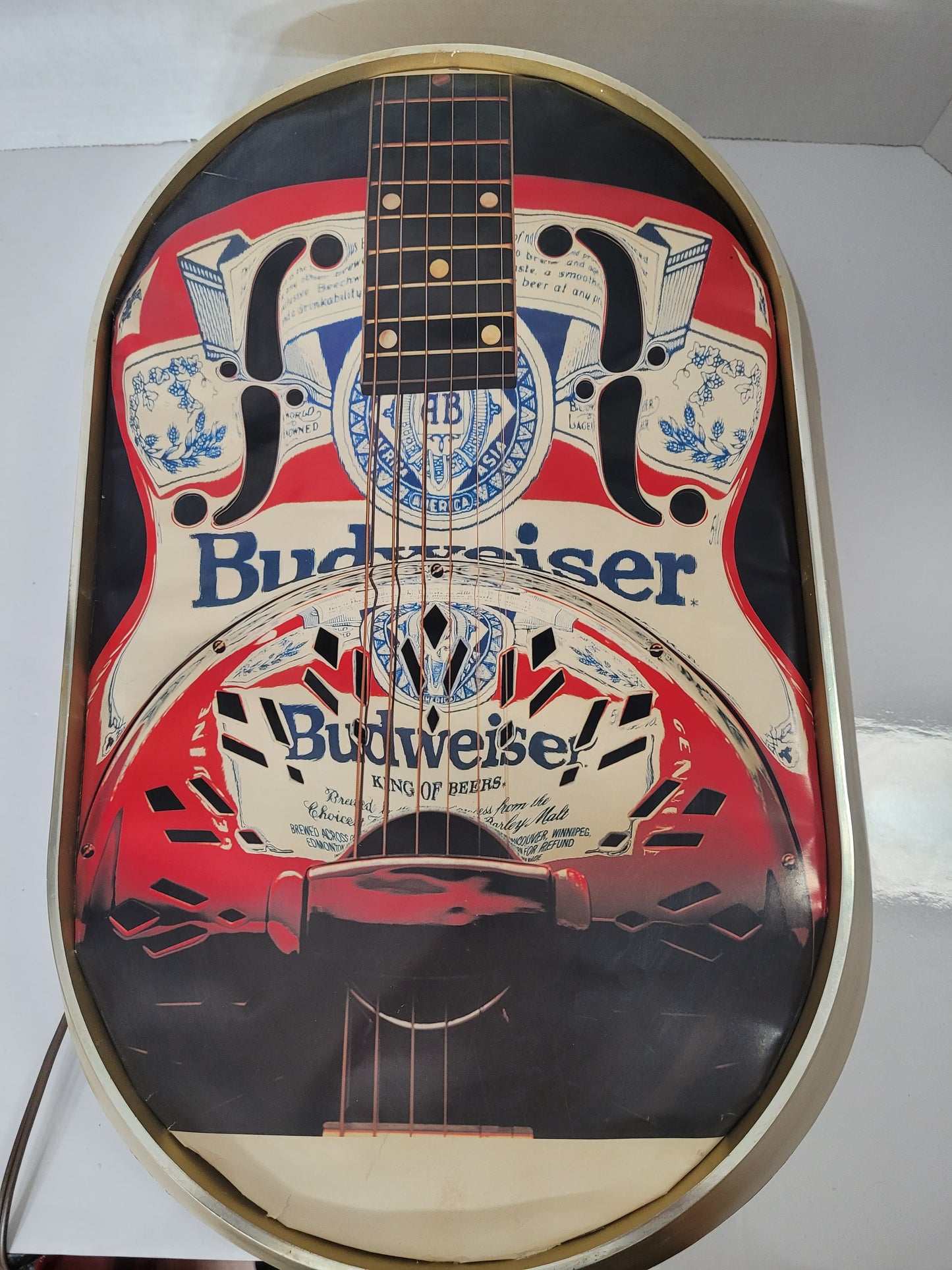 One-of-a-Kind Custom Budweiser Guitar Lighted Sign in Vintage Old Milwaukee Housing – 12" × 19"