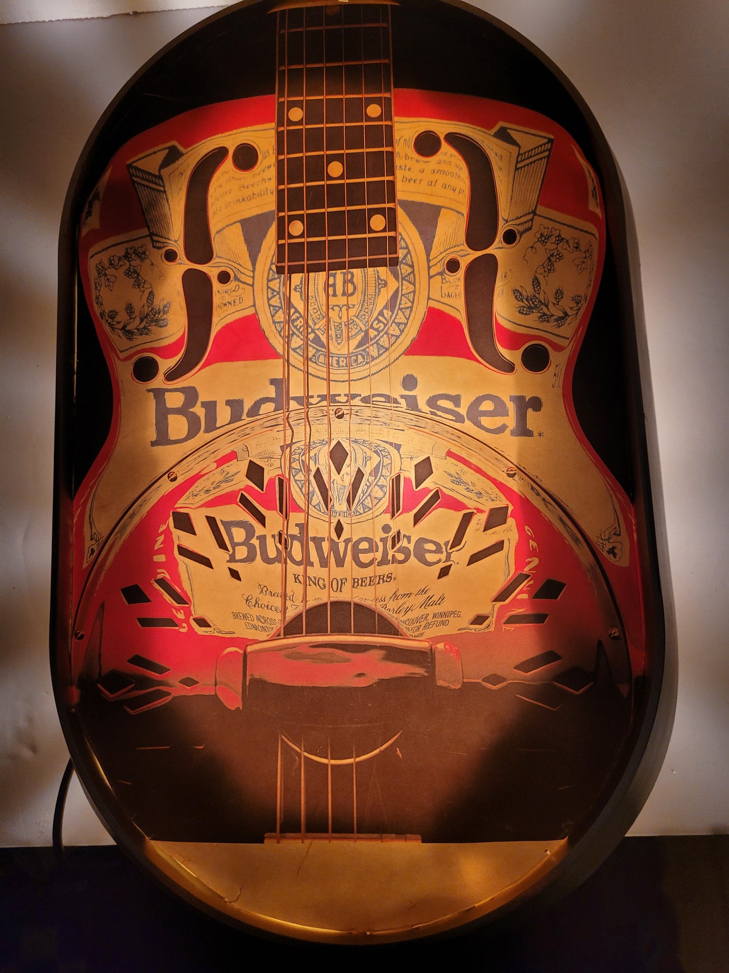 One-of-a-Kind Custom Budweiser Guitar Lighted Sign in Vintage Old Milwaukee Housing – 12" × 19"