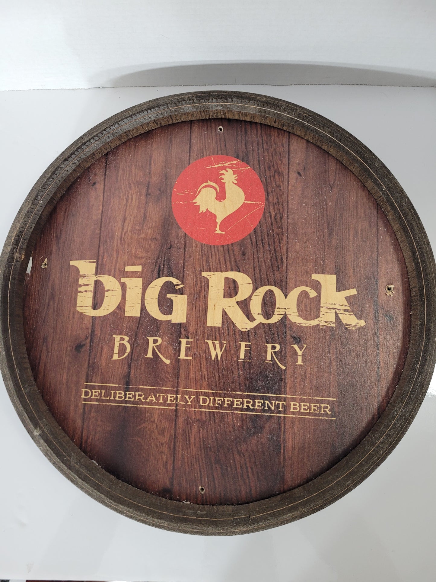 Vintage Big Rock Brewery Round Wooden Barrel-Style Wall Sign – 16"