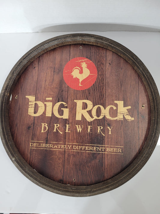 Vintage Big Rock Brewery Round Wooden Barrel-Style Wall Sign – 16"