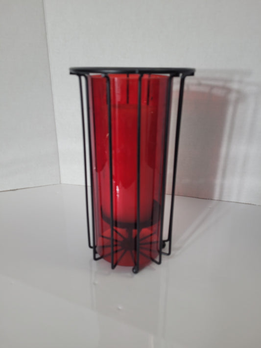 Retro Red Glass Hurricane Candle Holder with Black Metal Frame – 10" Tall