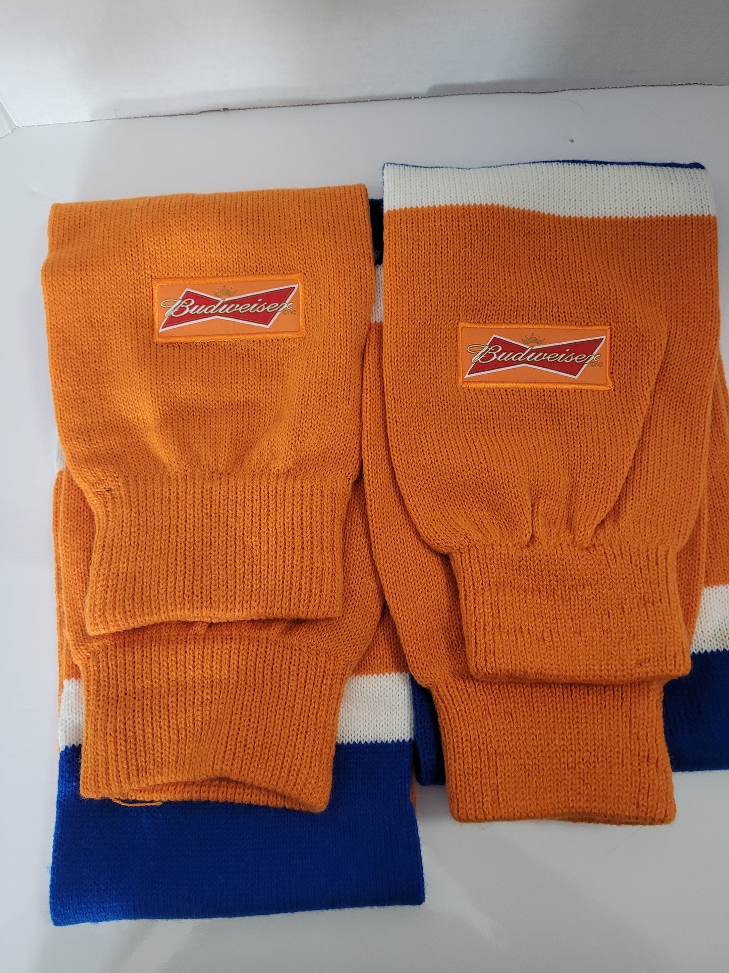 Budweiser “Hockey Socks” Knit Scarves – Orange, White & Blue – Lot of 2