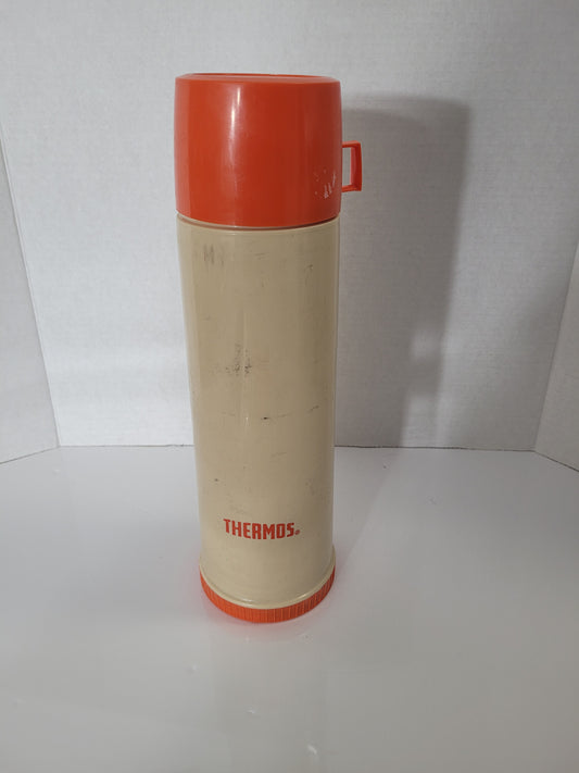Vintage Canadian Thermos Vacuum Bottle – Beige & Orange with Cup Lid