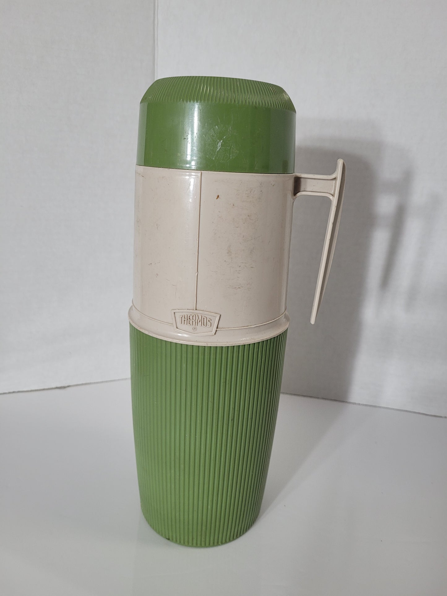 Vintage Green & Cream Thermos Vacuum Bottle with Glass Liner and Cup Lid – Made in Canada