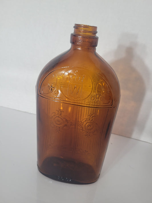 Vintage 1930s–1940s Hiram Walker Amber Glass Flask Bottle – Embossed Crown W