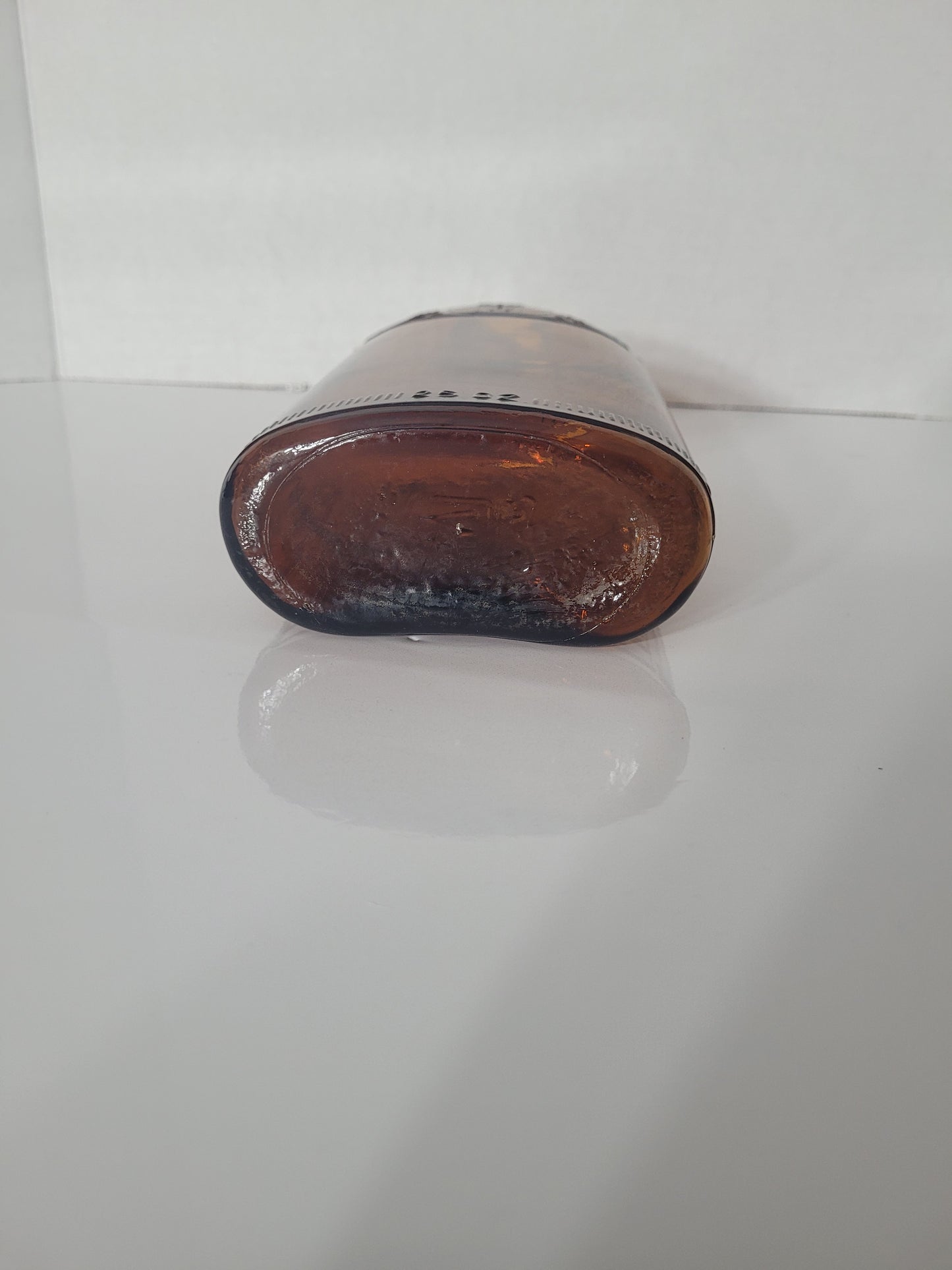 Vintage 1930s–1940s Hiram Walker Amber Glass Flask Bottle – Embossed Crown W