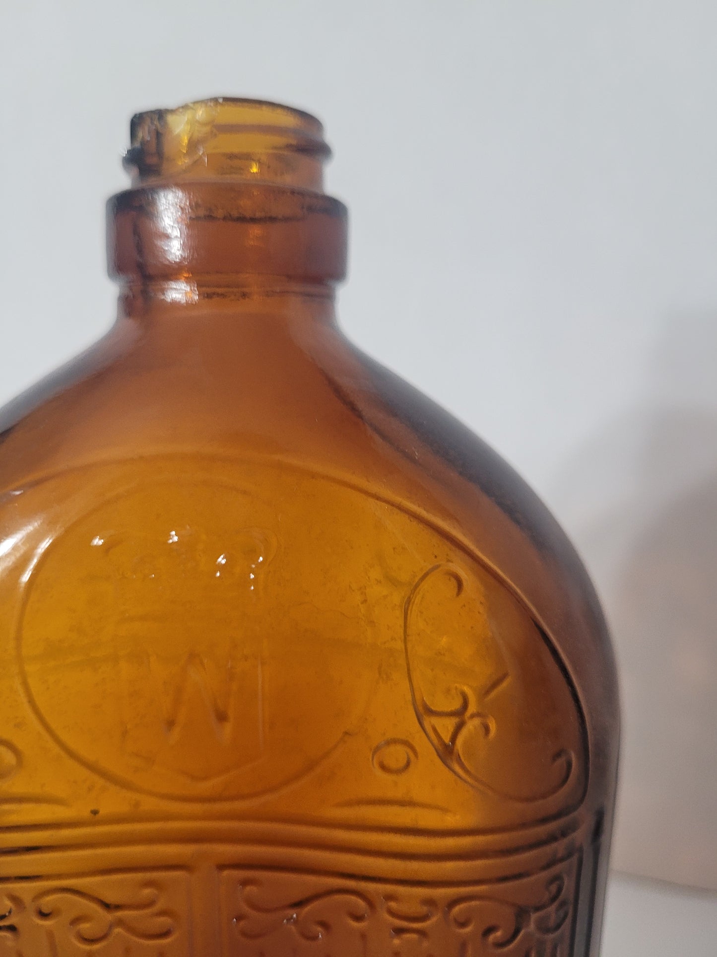 Vintage 1930s–1940s Hiram Walker Amber Glass Flask Bottle – Embossed Crown W