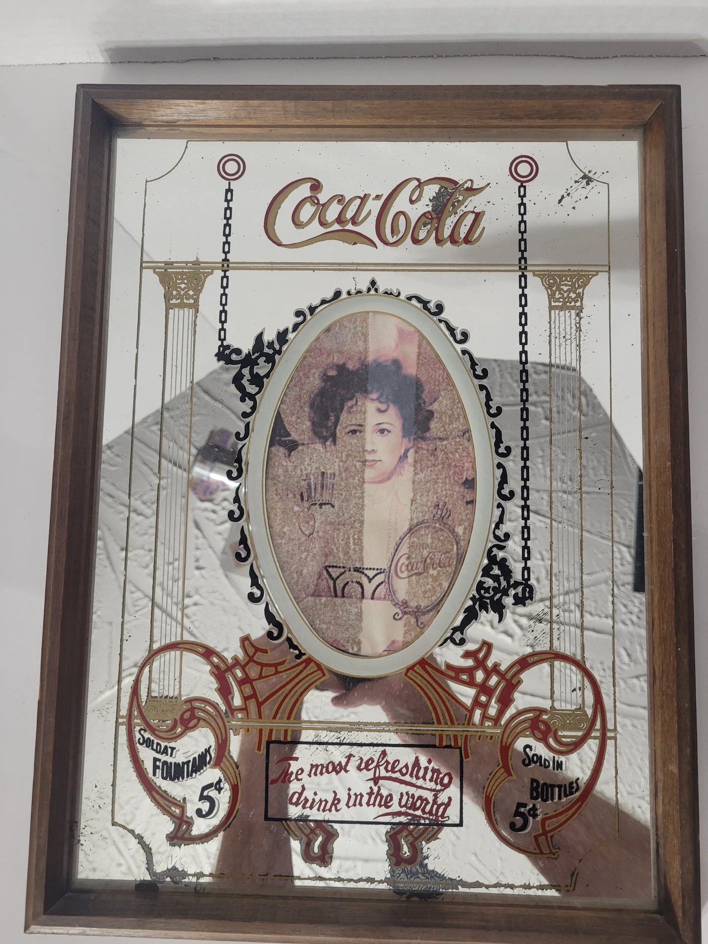 Vintage Coca-Cola 5¢ Advertising Mirror with Victorian-Style Woman – 11.75" × 15.75"