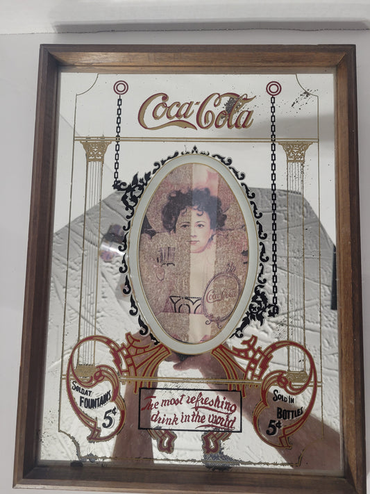 Vintage Coca-Cola 5¢ Advertising Mirror with Victorian-Style Woman – 11.75" × 15.75"