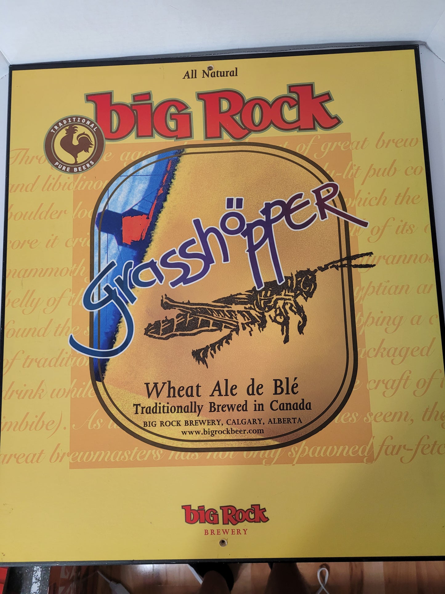 Big Rock Grasshopper Wheat Ale Wooden Advertising Sign – 19" × 22"