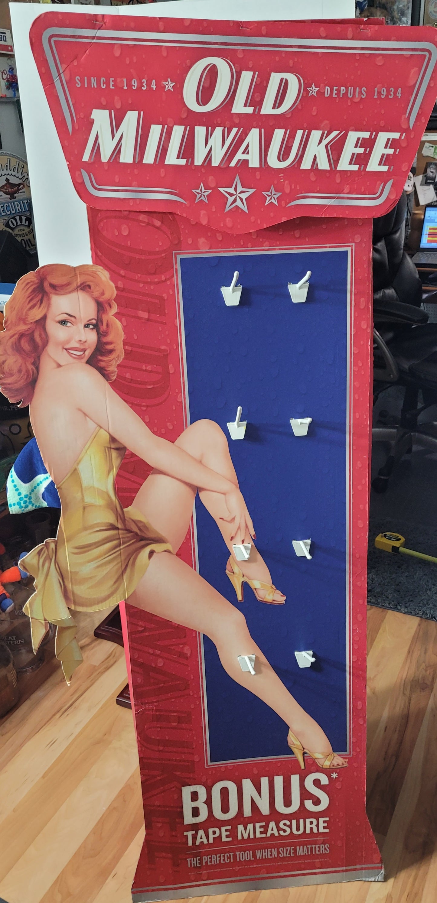 Large Old Milwaukee Pin-Up Bonus Tape Measure Cardboard Floor Display – 60" × 23"