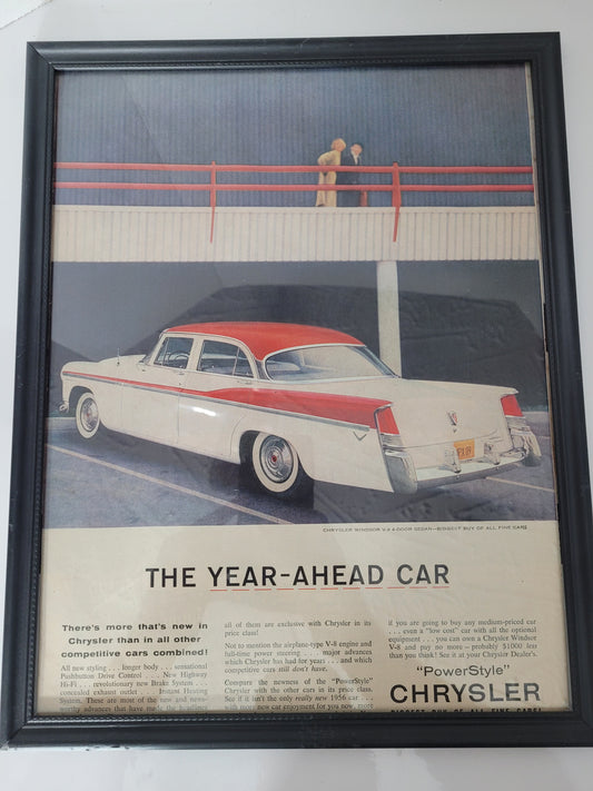 1956 Chrysler Windsor V-8 “The Year-Ahead Car” Framed Vintage Print Ad – 11.75" × 14.75"