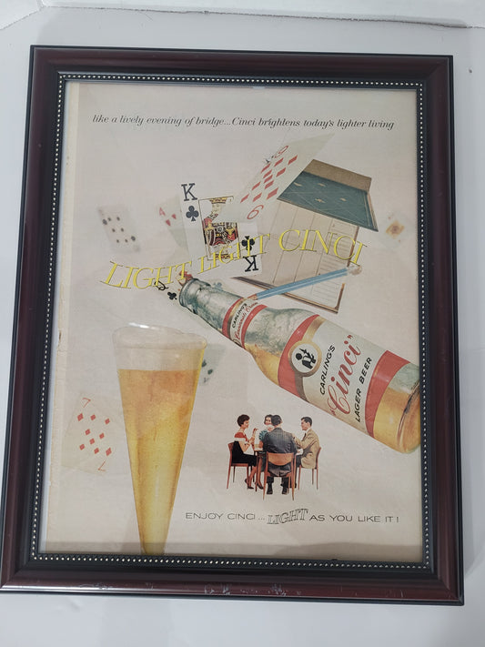 Vintage Carling’s Cinci Lager Beer Framed Advertisement – 12.5" × 15.5"