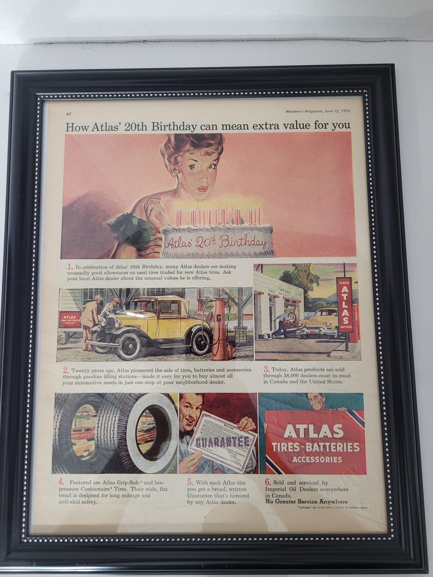 1950 Atlas Tires 20th Birthday Framed Maclean’s Magazine Ad – 12.5" × 15.5"