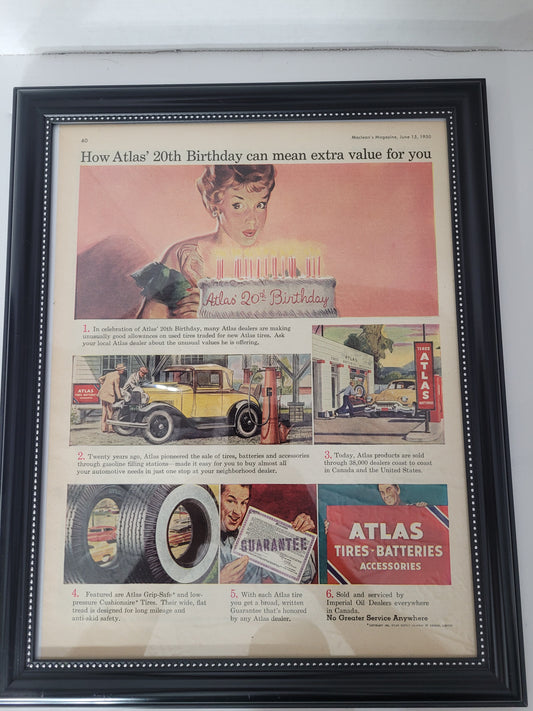 1950 Atlas Tires 20th Birthday Framed Maclean’s Magazine Ad – 12.5" × 15.5"