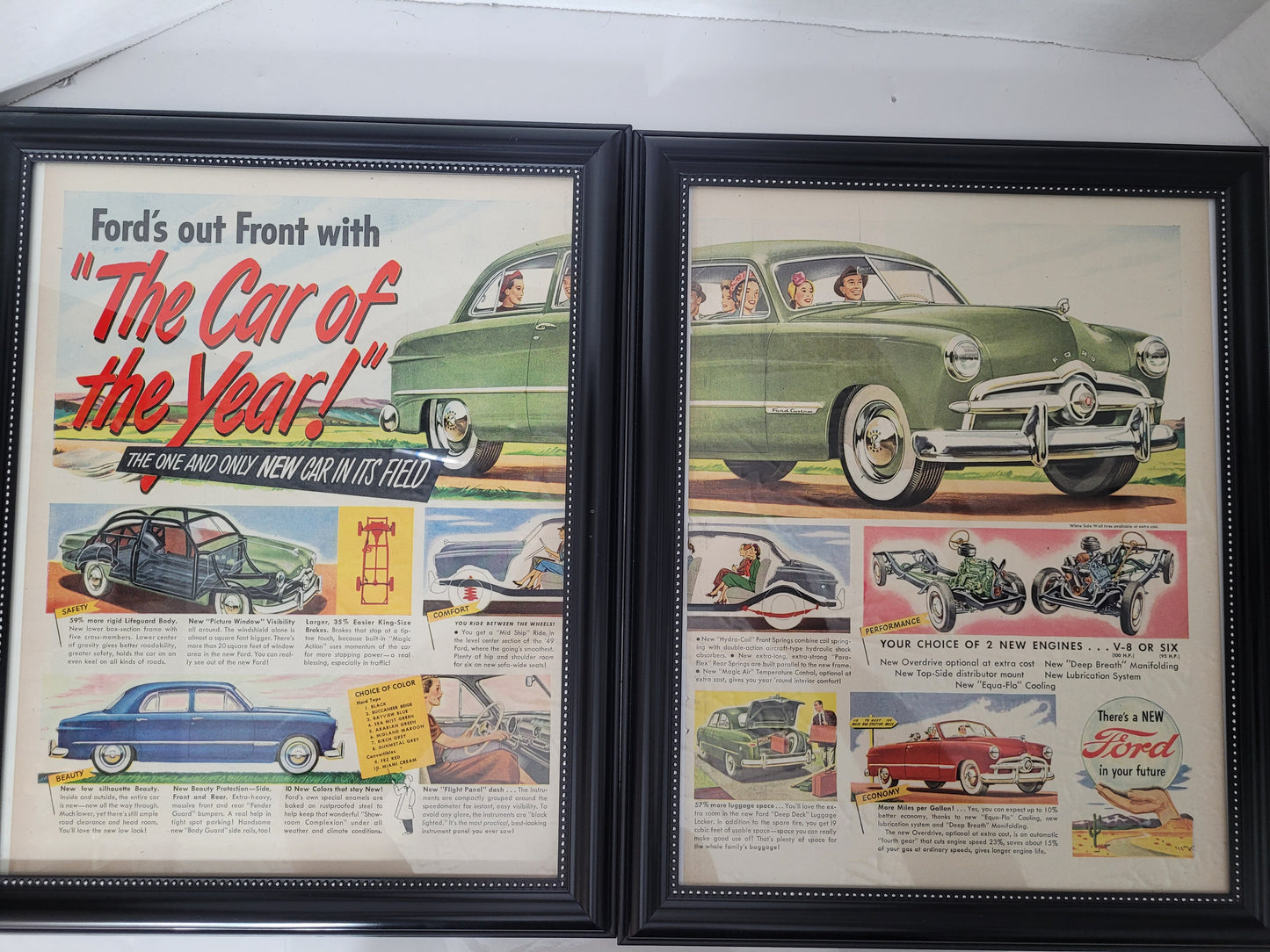1949 Ford “The Car of the Year” Two-Page Framed Magazine Ad Set – 12.5" × 15.5" Each