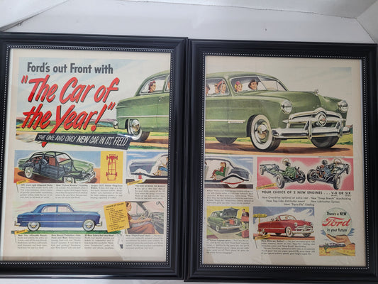 1949 Ford “The Car of the Year” Two-Page Framed Magazine Ad Set – 12.5" × 15.5" Each