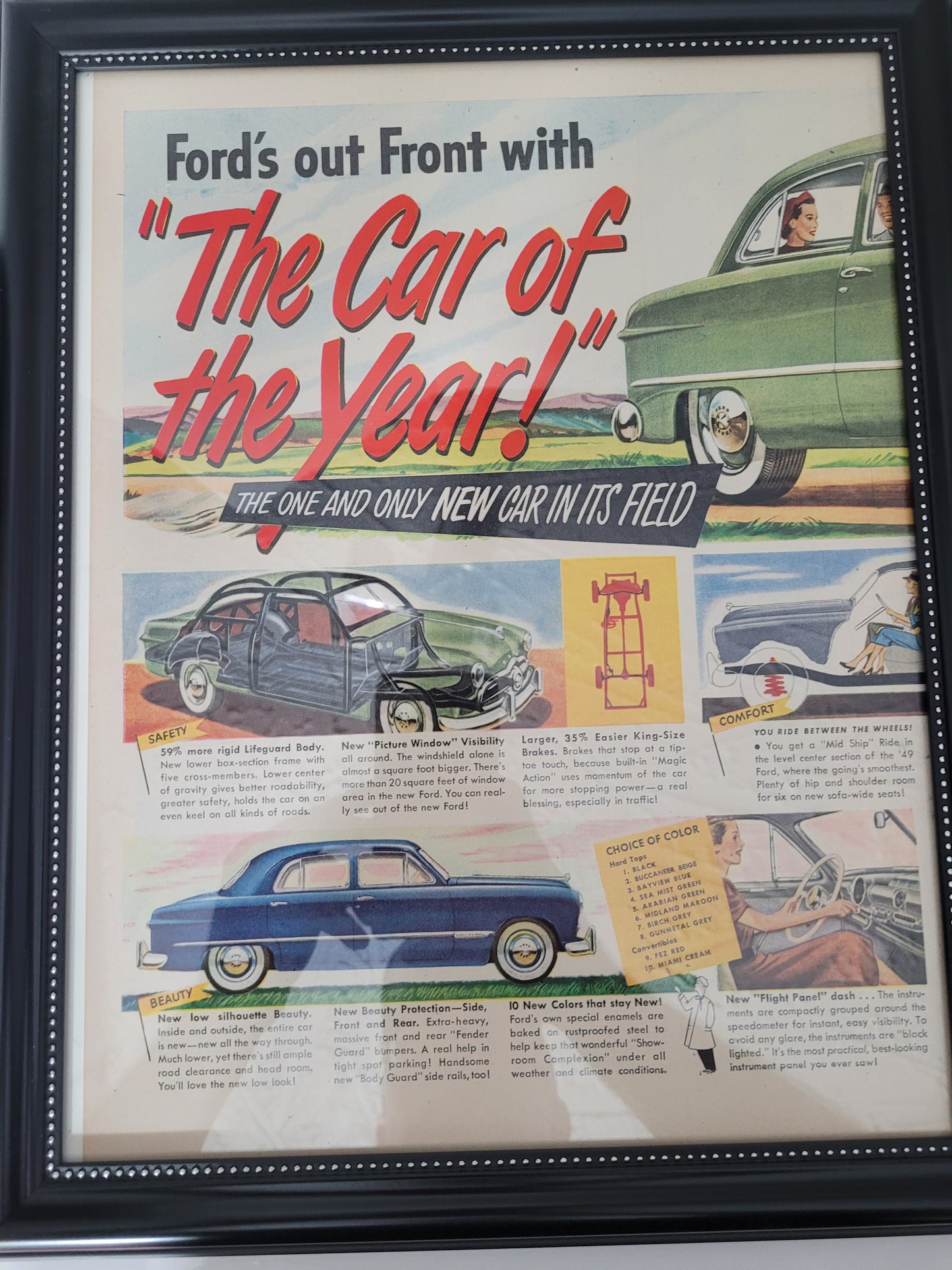 1949 Ford “The Car of the Year” Two-Page Framed Magazine Ad Set – 12.5" × 15.5" Each