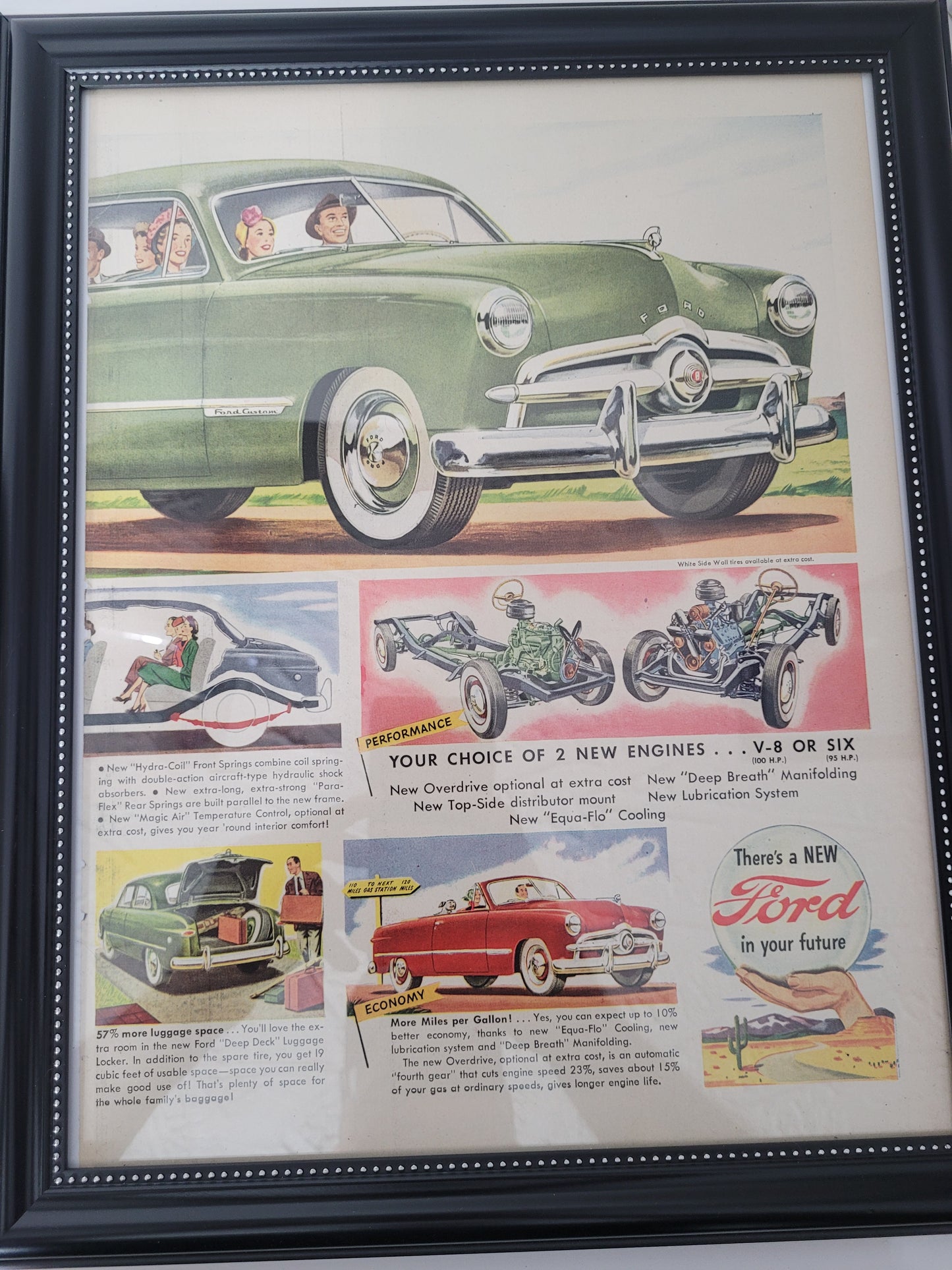 1949 Ford “The Car of the Year” Two-Page Framed Magazine Ad Set – 12.5" × 15.5" Each