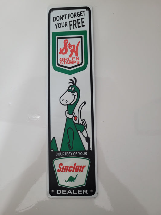 Retro Sinclair Dealer “S&H Green Stamps” Metal Sign – 4" × 15.75"