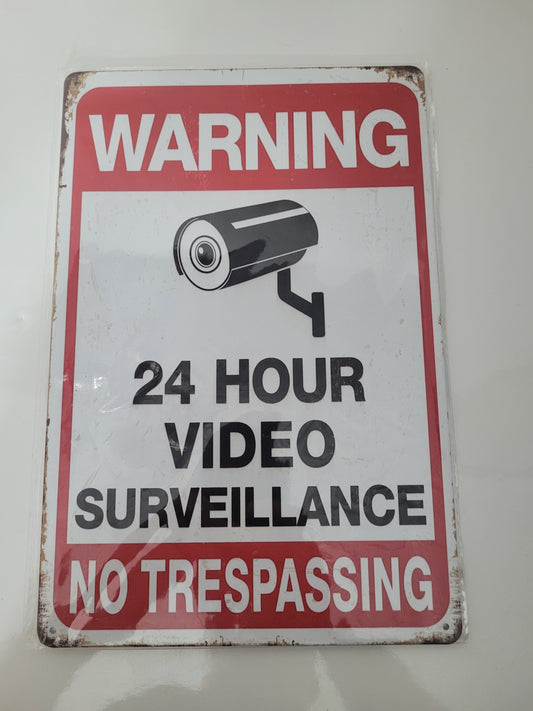 24-Hour Video Surveillance No Trespassing Retro Tin Sign – 8" × 12"