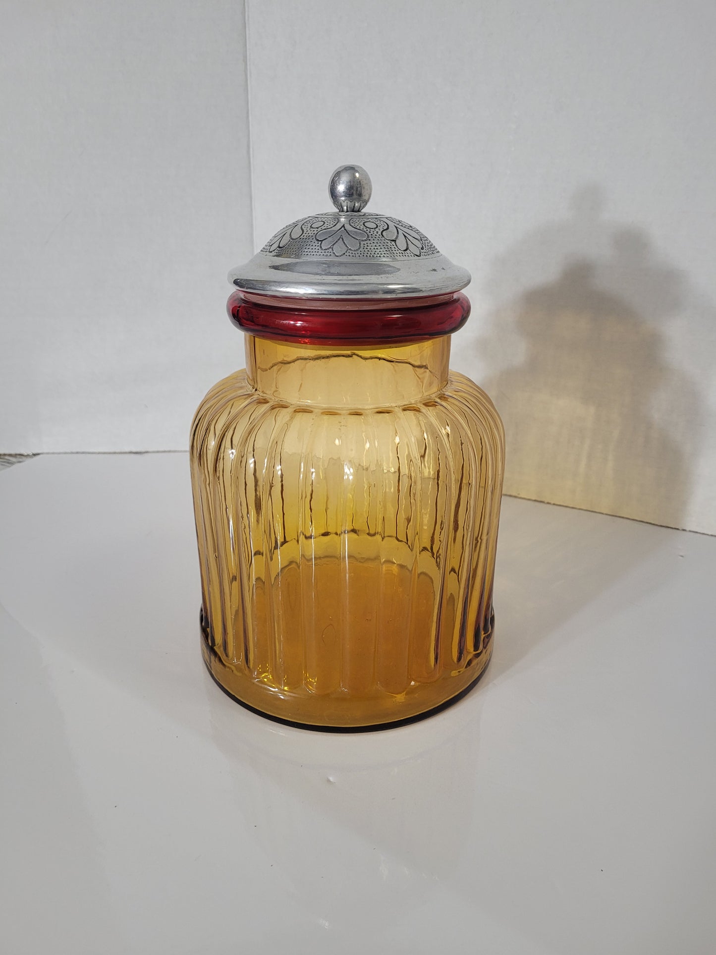 Vintage Amber Ribbed Glass Apothecary Canister with Ornate Metal Lid