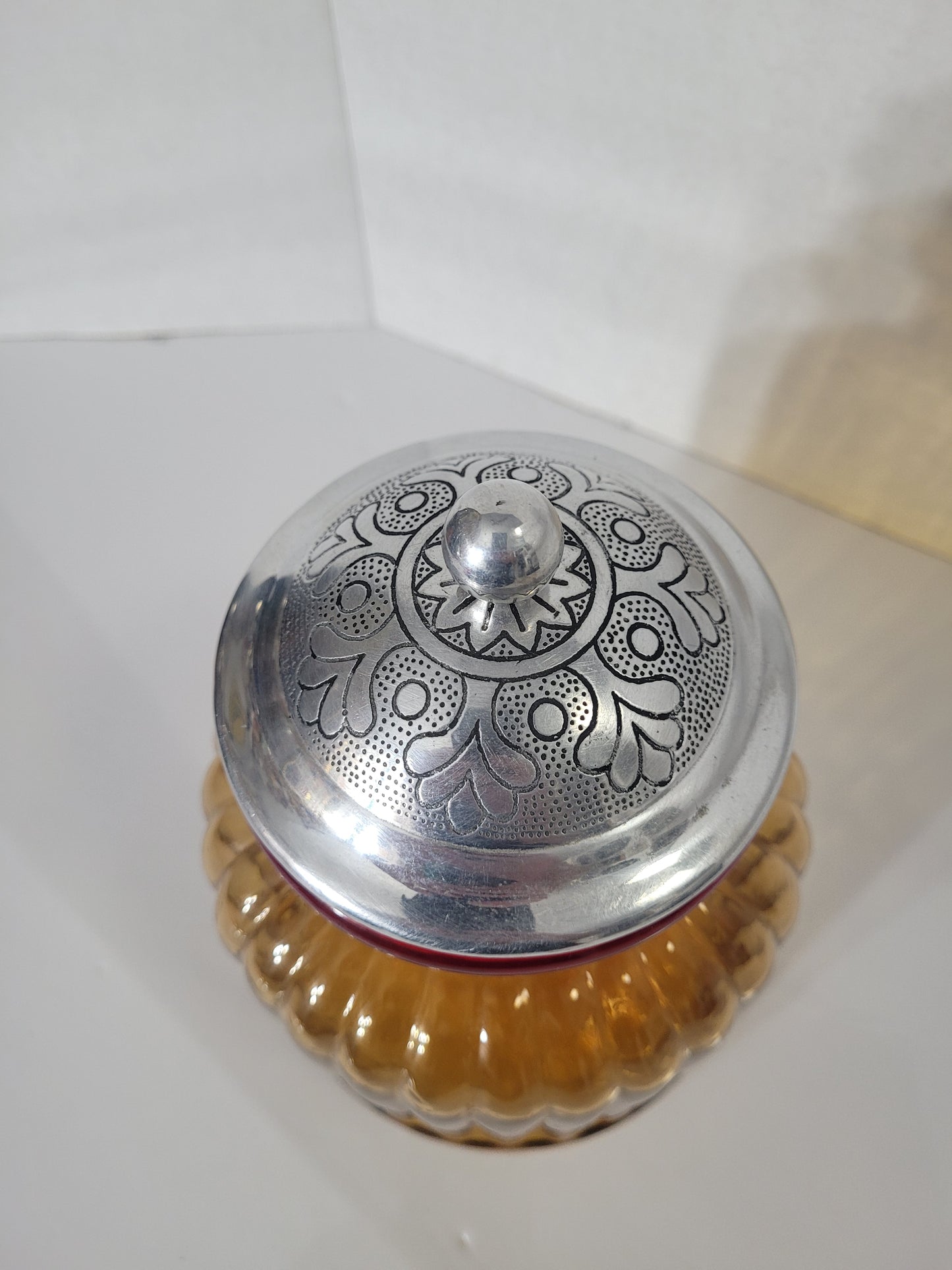 Vintage Amber Ribbed Glass Apothecary Canister with Ornate Metal Lid