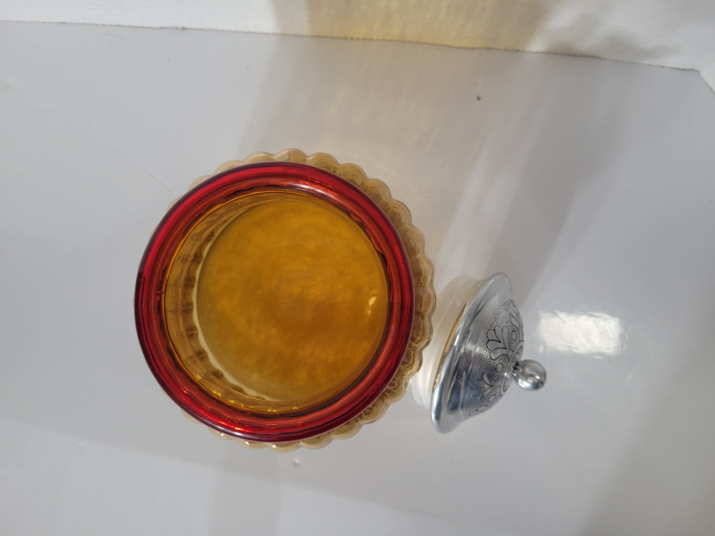 Vintage Amber Ribbed Glass Apothecary Canister with Ornate Metal Lid