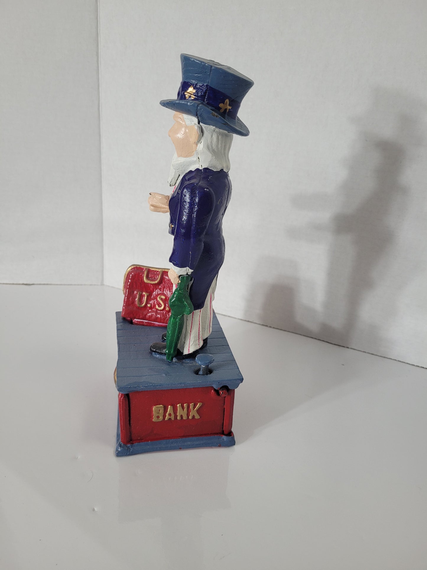 Vintage Cast Iron Uncle Sam Working Mechanical Coin Bank – 11"