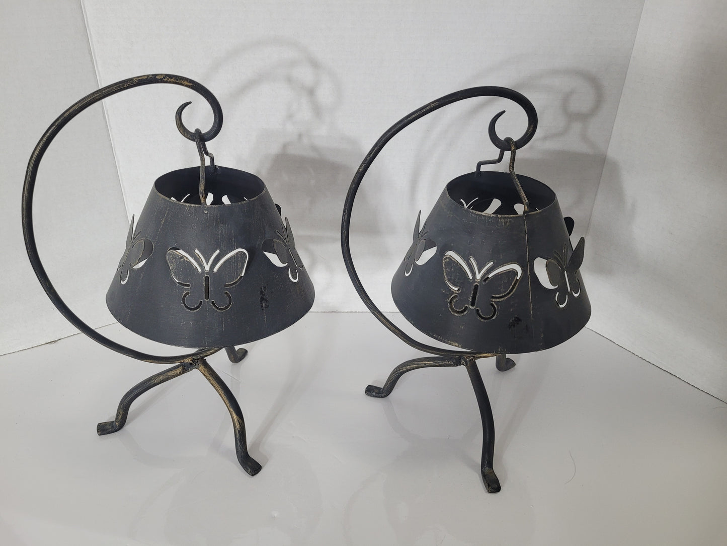 Set of 2 Butterfly Metal Hanging Candle Holders – Rustic Scroll Design