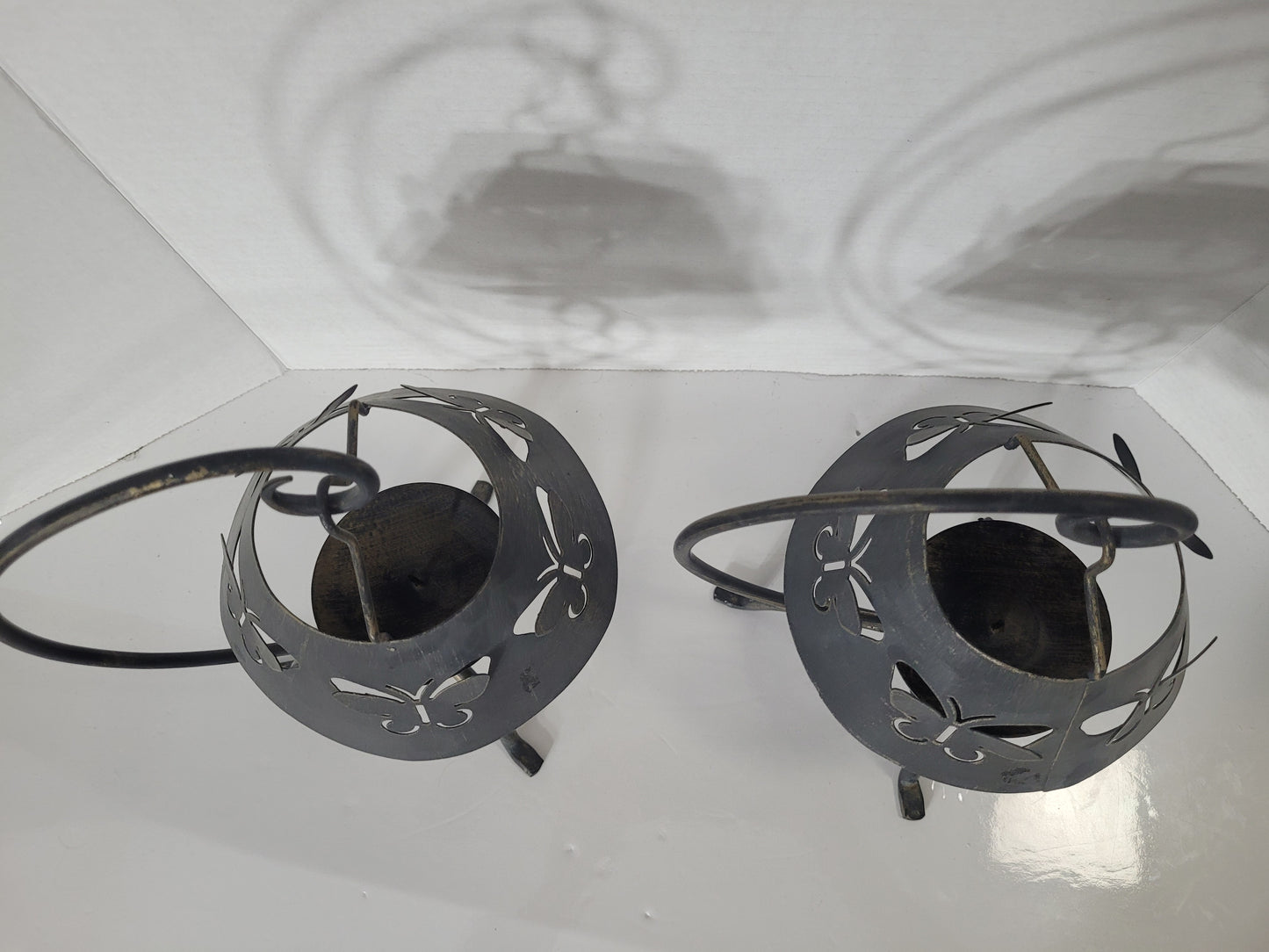Set of 2 Butterfly Metal Hanging Candle Holders – Rustic Scroll Design