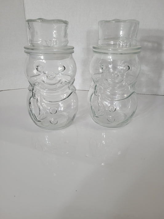 Vintage Libbey of Canada Clear Glass Snowman Candy Jars with Top Hat Lids – Set of 2