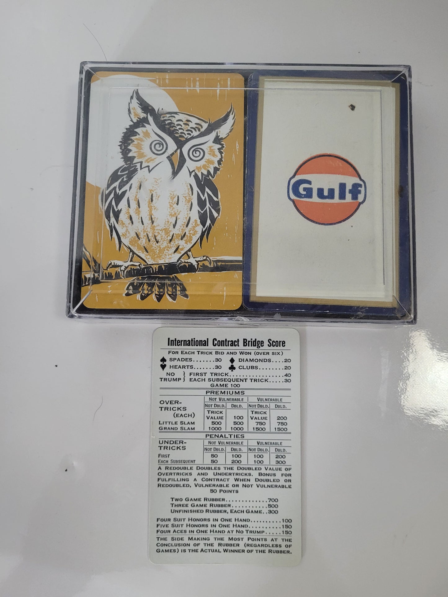 Vintage Gulf Oil & Owl Double-Deck Playing Card Set with Clear Case – Incomplete