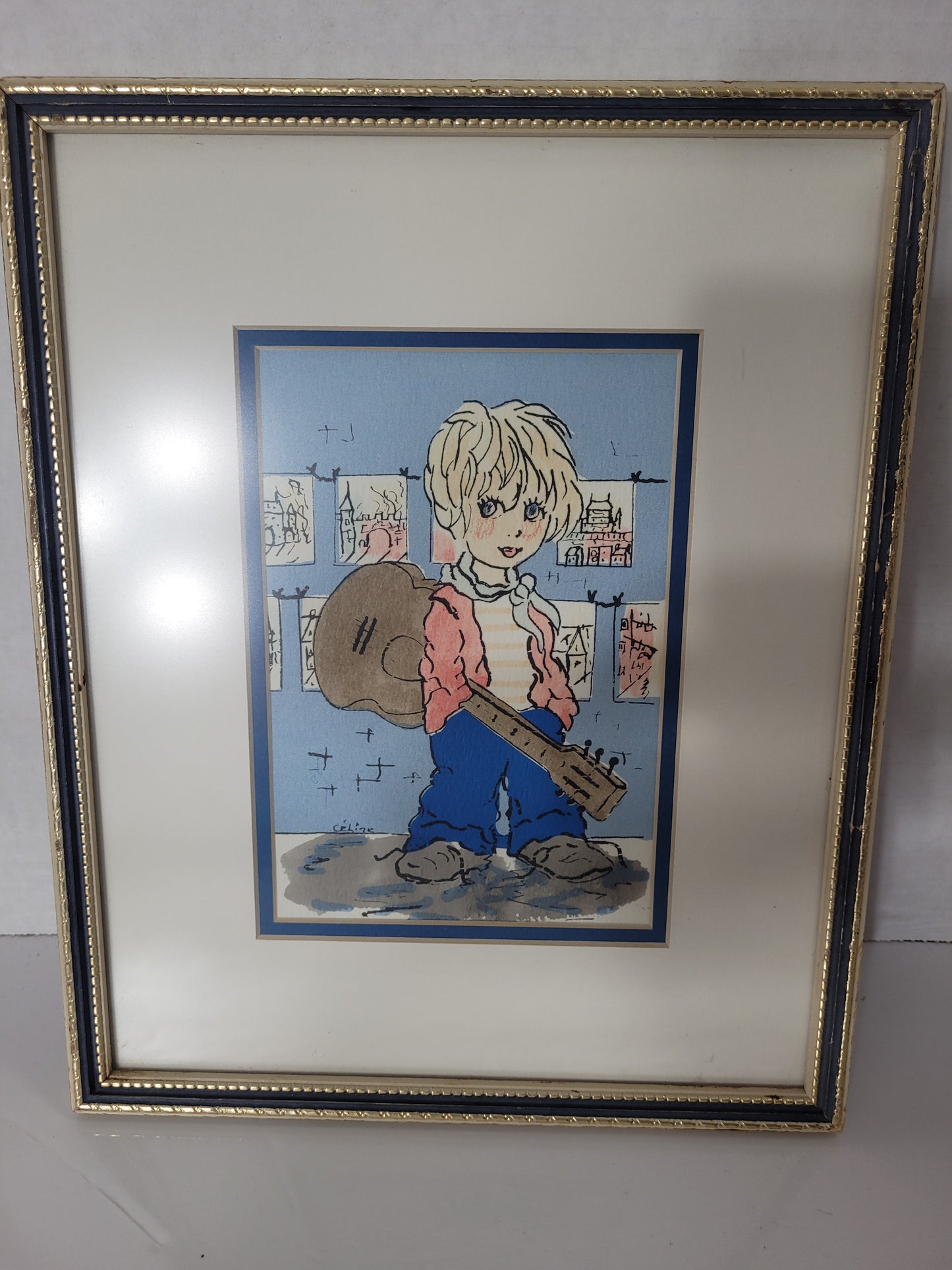 Vintage 1970s Signed Quebec City Watercolour – Child with Guitar