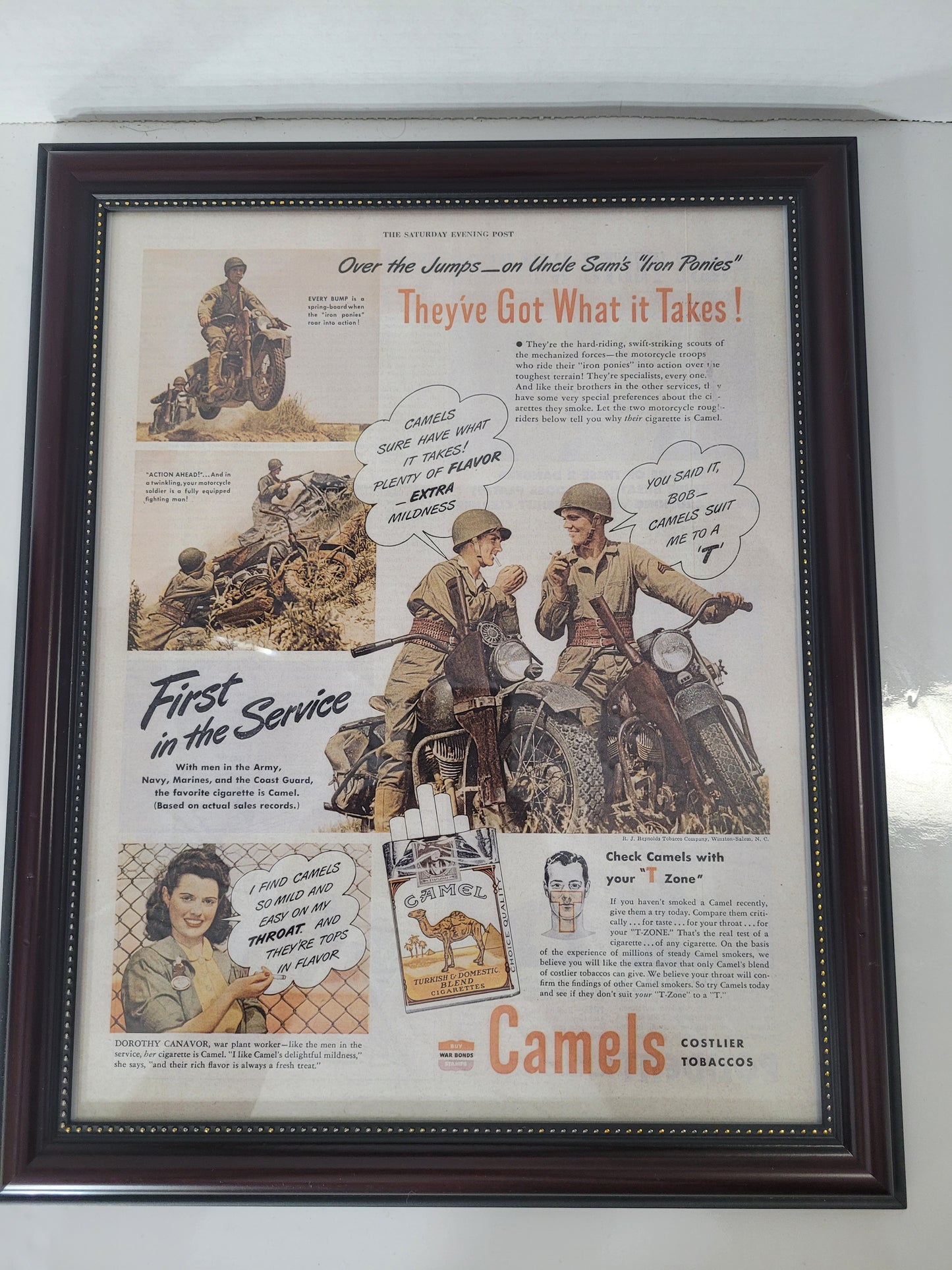 Framed Camel WWII “Iron Ponies” Advertising Print – 12 × 15 Inches