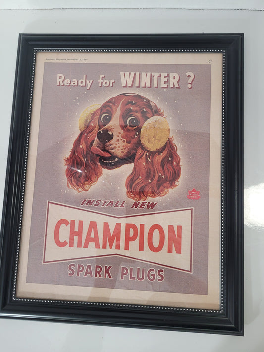 Vintage 1949 Champion Spark Plugs "Ready for Winter?" Maclean's Magazine Framed Advertisement – 12" x 15"