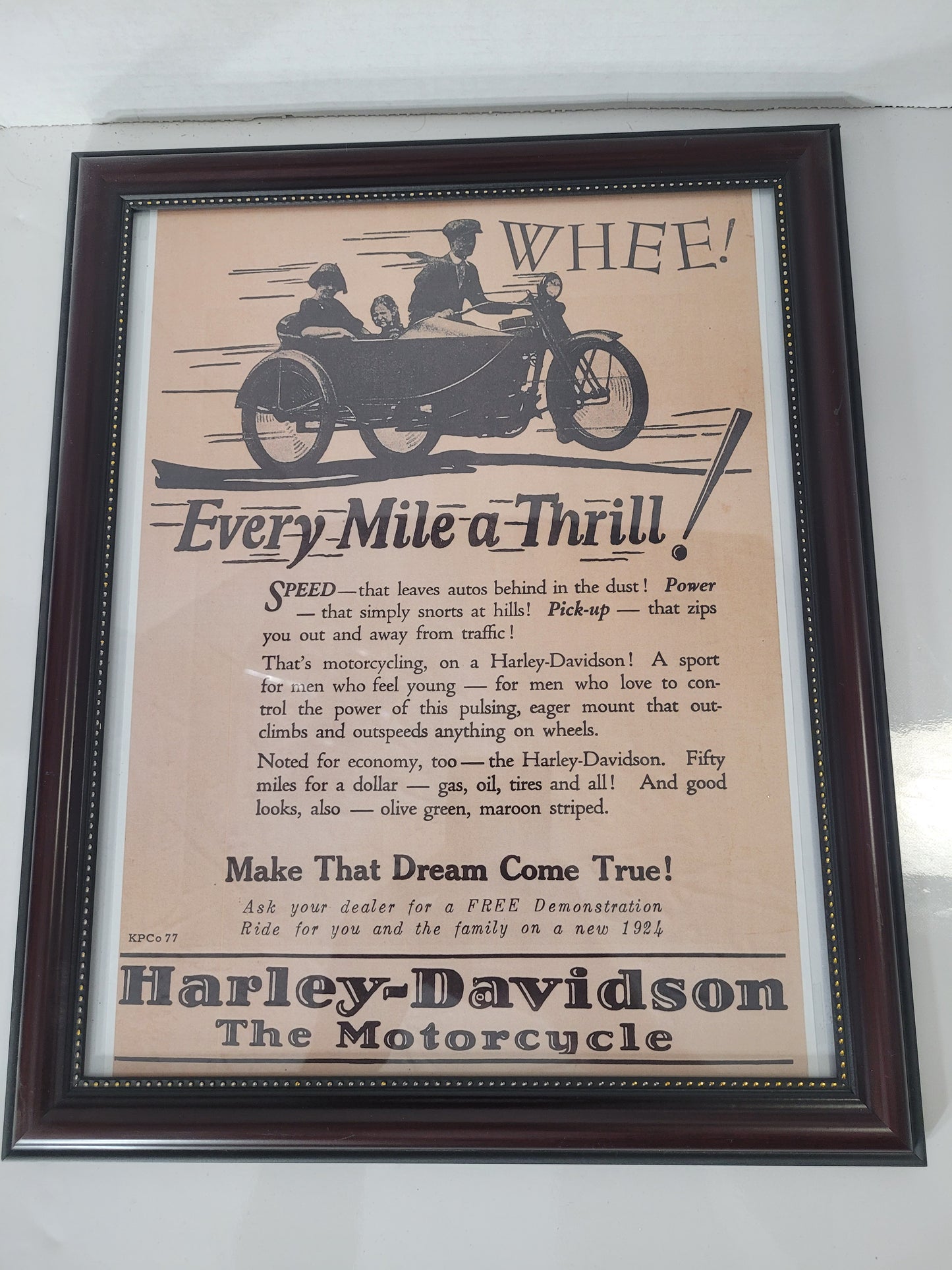 Reproduction Harley-Davidson “Every Mile a Thrill!” Framed Advertising Print