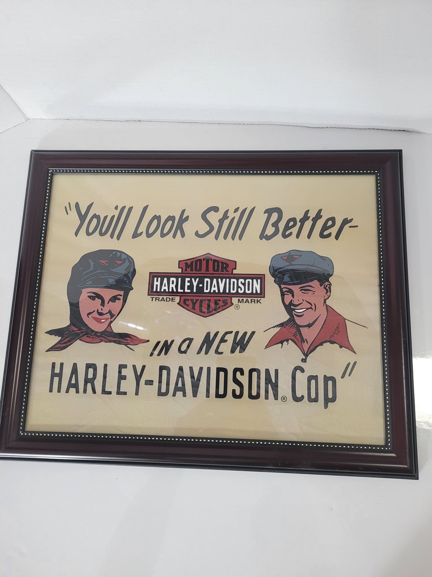 Reproduction  Harley-Davidson "You'll Look Still Better in a New Harley-Davidson Cap" Framed Advertising Print | 15" x 12"