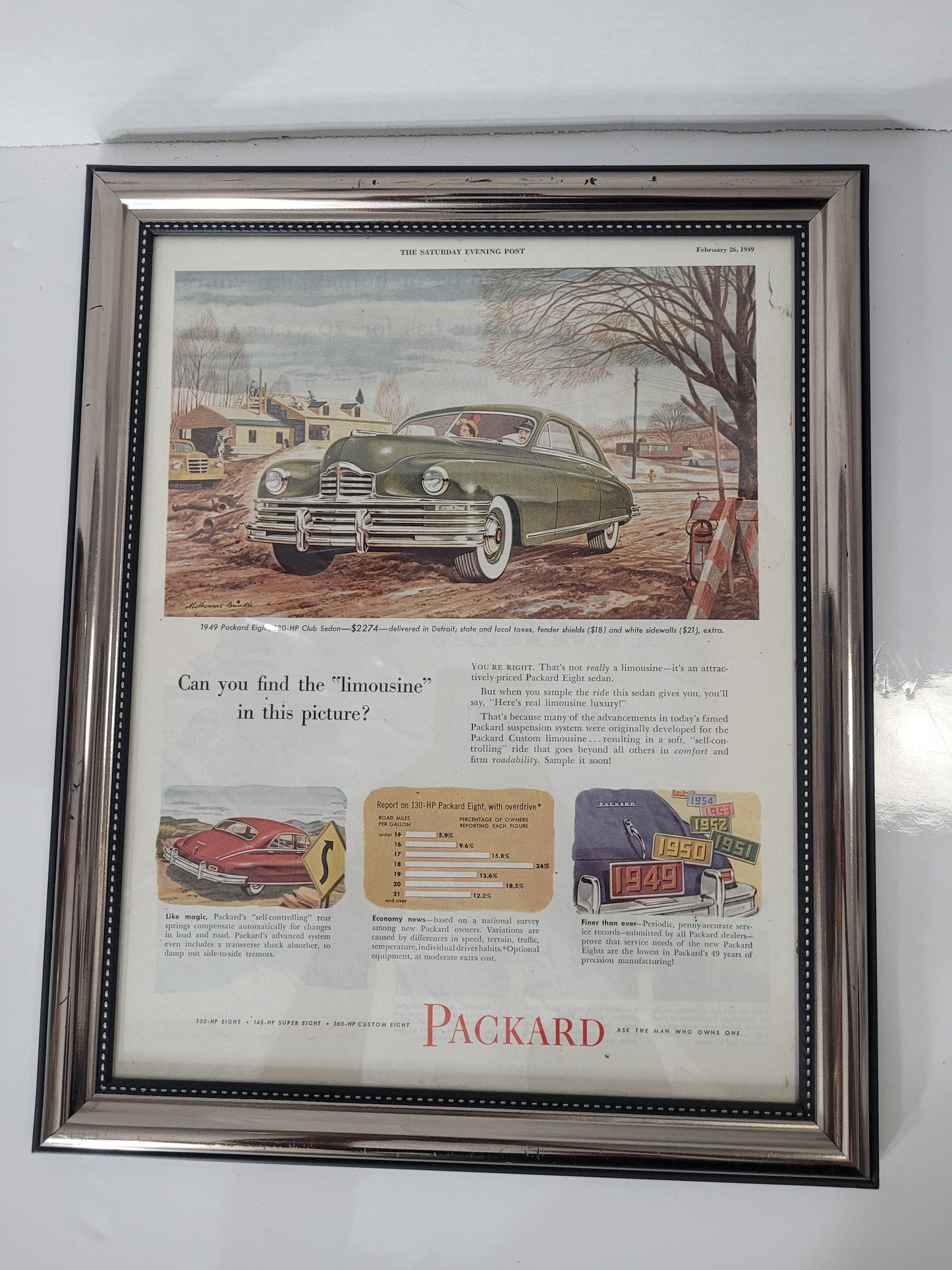 Vintage 1949 Packard "Can You Find the Limousine?" Framed Saturday Evening Post Advertisement – 12" x 15"