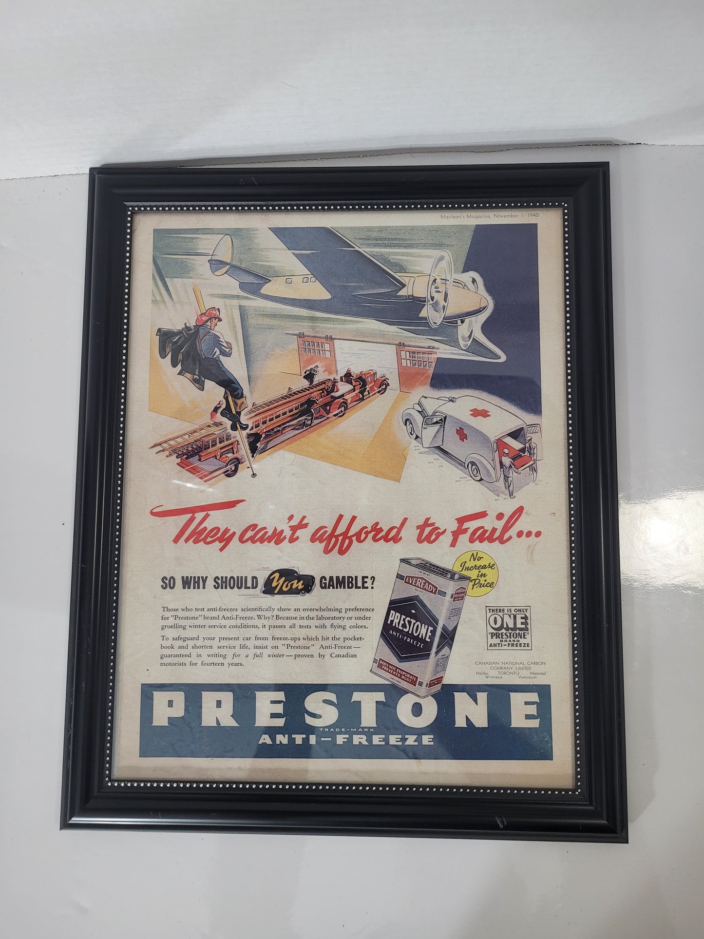 Vintage 1940 Prestone Anti-Freeze Framed Advertising Print – Maclean's Magazine November 1, 1940 – 12" x 15"